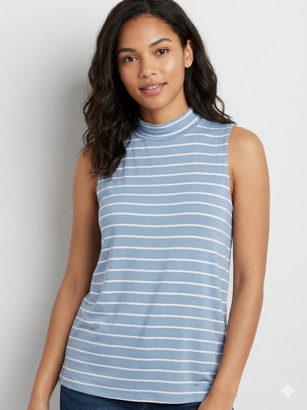 Glitz Blue and White Striped Sleeveless Mock Neck Top